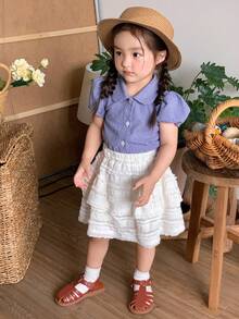 DAZY 2 件套婴儿/幼儿女孩格子印花休闲短袖衬衫 + 裙子套装，夏季 - 藍色 - 查看 4