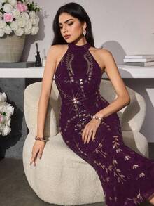 Modelyn Đầm dạ hội sang trọng thêu sequin thanh lịch dành cho nữ - Bold Plum - Xem 3