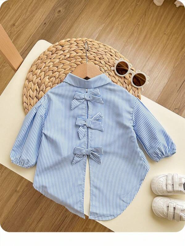 SHEIN Baby Girl Street Casual Parent-Child Asymmetrical Striped Long Sleeve Woven Shirt