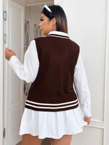 SHEIN EZwear 秋冬大码休闲撞色条纹针织背心 - 棕色 - 查看 2