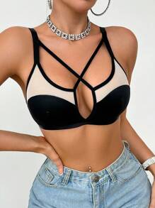 SHEIN Sutien fără fereastră pentru femei, cu decupaj încrucișat, blocuri de culoare, 1 buc. - Negru - Vizualizare 4