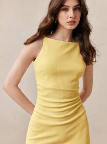 BizChic 2025款奶油黄吊带褶皱腰侧开衩浪漫优雅日常百搭商务休闲连衣裙 - 黃色 - 查看 5