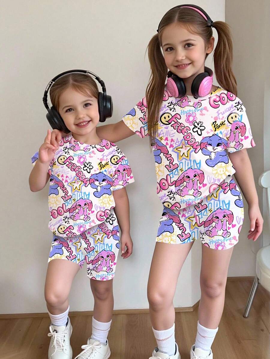 SHEIN Baby Girls Cartoon Scribble Long Ear Rabbit Print Round Neck Short Sleeve T-Shirt And Knitted Tight Shorts Set - Multicolor - View 1