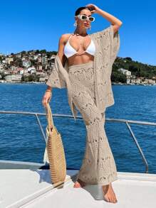 EURMUSE Women Vcay Crochet Knit Three-Quarter Sleeve Kimona And Pant Cover-Up Set