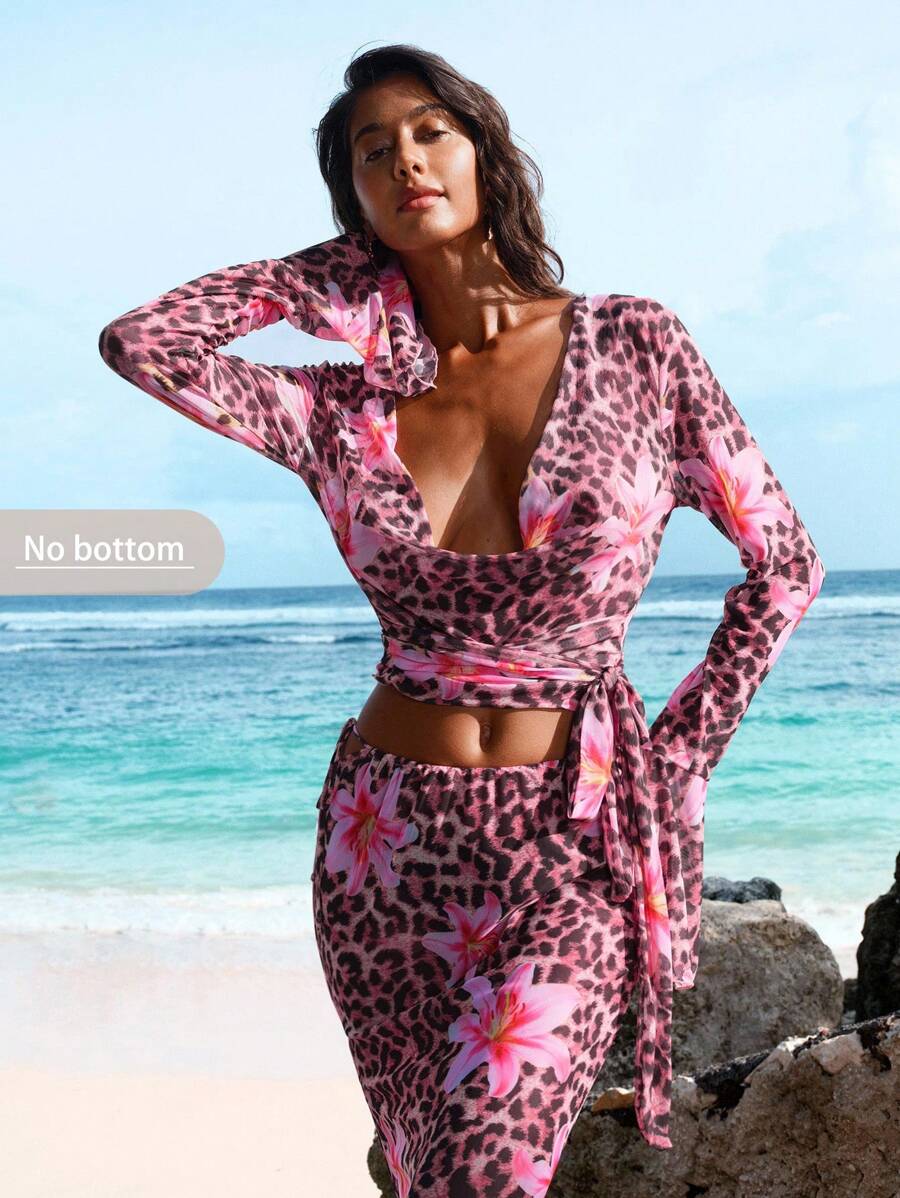 Opulessa Women's Leopard Print Flared Sleeve Draped Neck Fashion Cover Up - Multicolor - View 1