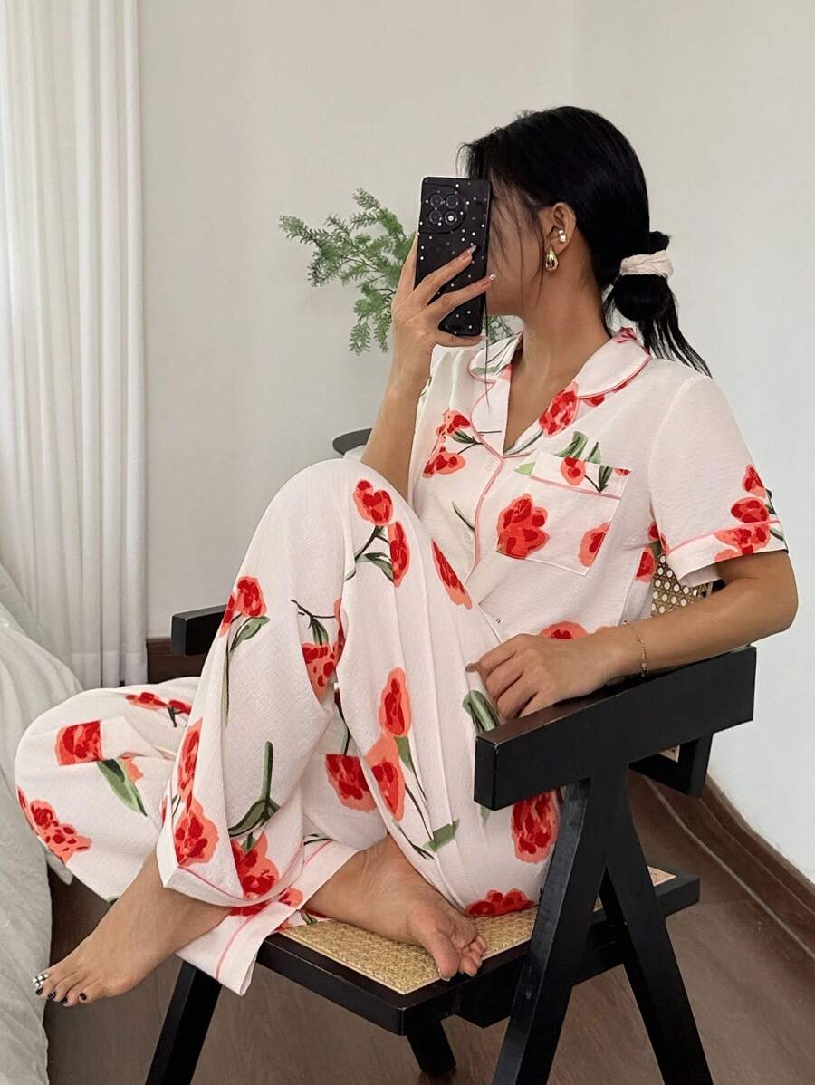 SHEIN 花卉印花翻领短袖睡衣套装 - 彩色 - 查看 1