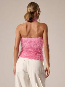 MUSERA High Halter Racer Neck Textured Fluffy Longline Top Festival, Concert, Rave, Club , Summer, Sexy Fall