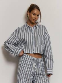 MUSERA Stripe Button Down Cropped Shirt Cute Summer Holiday Vacation Casual Sexy Elegant Cool Classy Beach Boho Top Only Collective Office Attire For Women, Office Wear Women