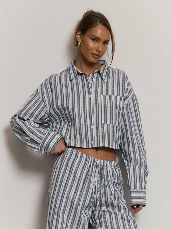 MUSERA Stripe Button Down Cropped Shirt Cute Summer Holiday Vacation Casual Sexy Elegant Cool Classy Beach Boho Top Only Collective Office Attire For Women, Office Wear Women