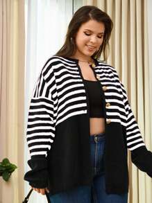 EURMUSE Plus Size Casual Striped Pattern Drop Shoulder Cardigan - Black and White - View 5