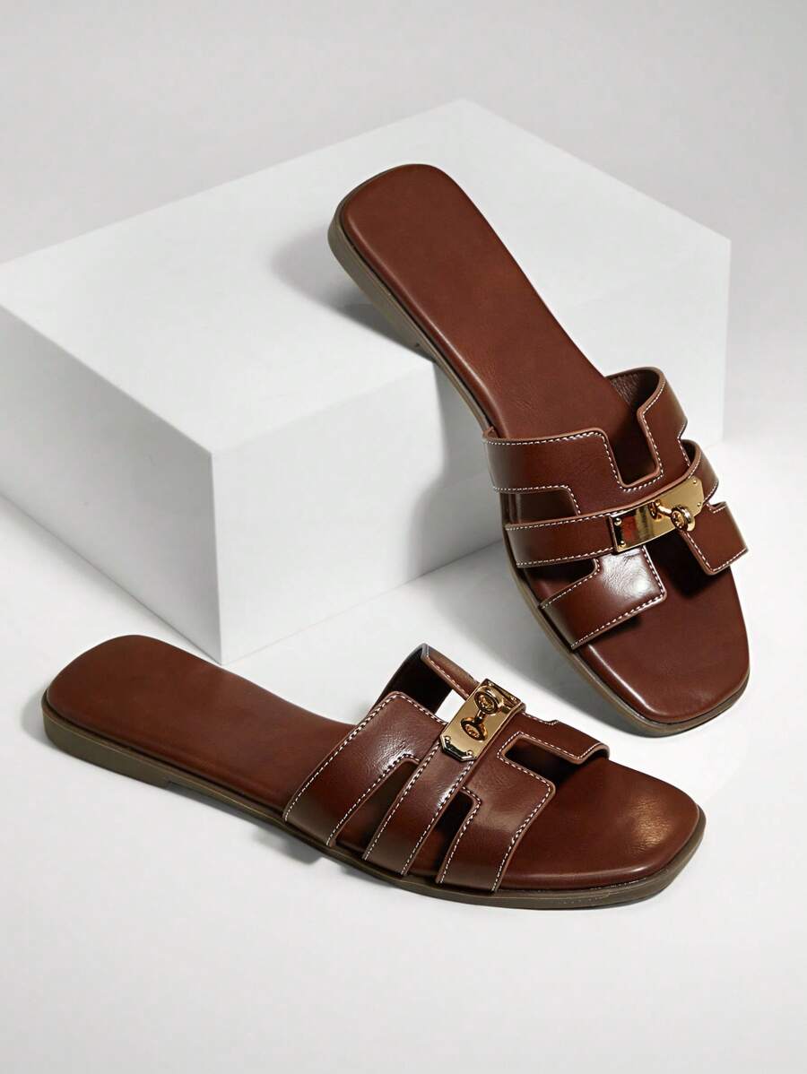 SHUZIA Women's Gold Lock Stitching Detail Square Toe Flat Premium Oil-Finished PU Brown Slides-Sophisticated, Elegant & Stylish For Christmas