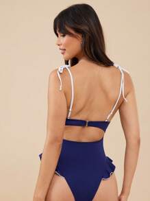WESTFADE Đồ bơi một mảnh hở lưng hở lưng xếp nếp cổ chữ V hở chân cao dây đeo nơ có gọng nâng ngực đồ bơi một mảnh đi biển mùa hè Monokini Colorblock Outift - Màu xanh hải quân - Xem 2