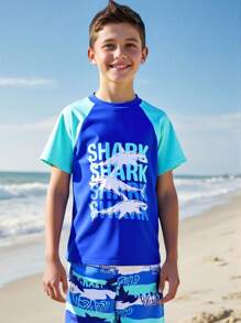 Tween Boys Shark Print Swimming Trunks With Graphic Print - Multicolor - View 1