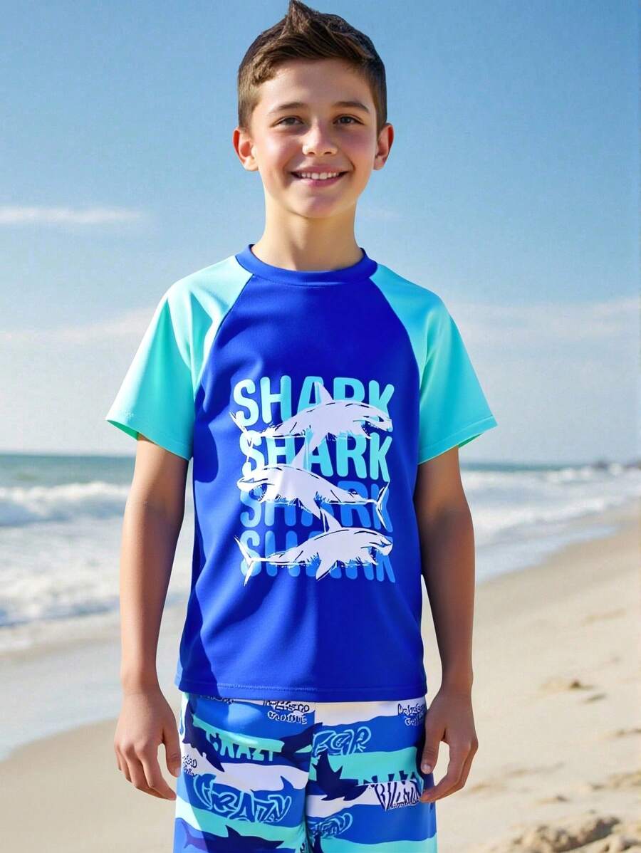 Tween Boys Shark Print Swimming Trunks With Graphic Print - Multicolor - View 1