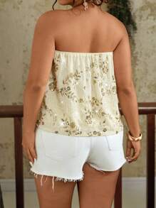 SHEIN VCAY 大码女式夏季亮片花朵刺绣抹胸上衣 - 杏色 - 查看 3