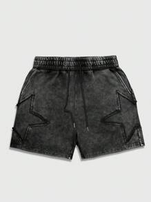 ROMWE MEN Casual Conjunto de sudadera con capucha con bolsillo y pantalones cortos con estampado de estrella para hombres, adecuado para primavera, verano y otoño - Negro - Ver 3