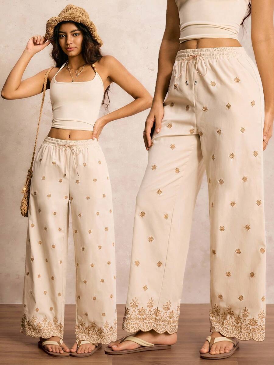 Easelle 女式刺绣阔腿裤 - 米色 - 查看 1