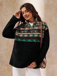 Boho Mama 秋冬款秋冬女装孕妇几何图案拉链偏门襟长袖运动衫