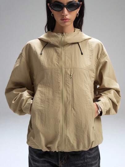 LYSMO Women's Plain Long Sleeve Zip Front Hooded Jacket With No Stretch Windbreaker Fabric Autumn Winter Clothes For Women