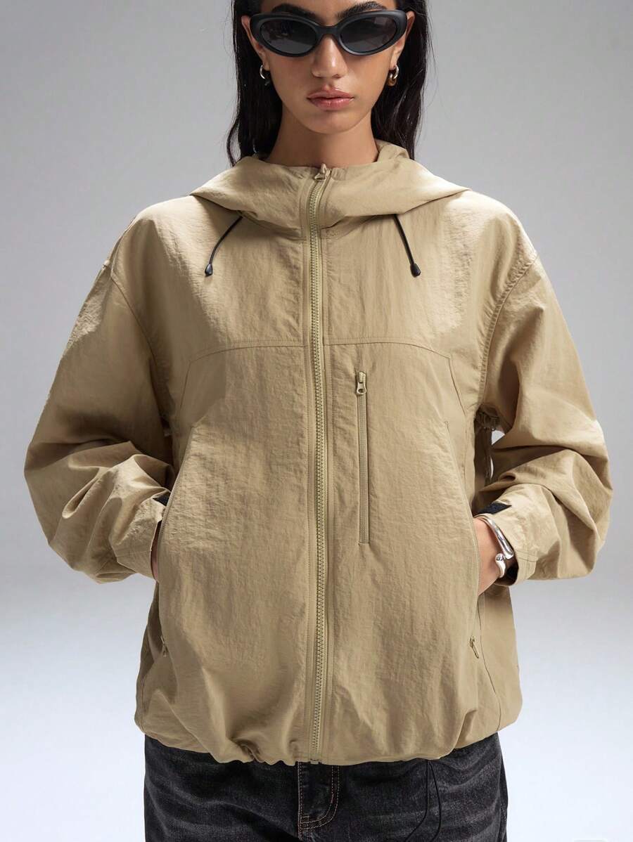 LYSMO Áo khoác gió trơn dài tay có khóa kéo phía trước dành cho nữ, chất liệu vải không co giãn, quần áo thu đông cho nữ - Màu Khaki - Xem 1