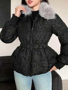 DAZY 女士撞色外套，毛绒拼接，碎花，褶皱腰身和荷叶边下摆，适合秋冬季夹克 - 黑色 - 查看 5