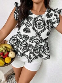 SHEIN Frenchy 大码女式夏季优雅休闲刺绣系带后背荷叶边拼接蓝白衬衫 - 黑色 - 查看 5