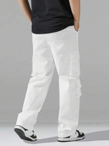 Manfinity Hypemode 男士抽绳腰多口袋阔腿休闲裤白色工装裤男士宽松直筒休闲裤，秋季 - 白色 - 查看 2