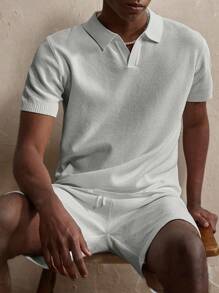Manfinity Homme Men's Simple Solid Color Polo Collar Short Sleeve Knit Top And Shorts Set, Summer - Light Grey - View 5