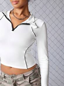 Streetz SHEIN Sport 撞色滚边半拉链运动卫衣 - 白色 - 查看 4