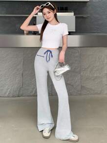 SHEIN Pantaloni evazați cu talie și șnur pentru fete adolescente, pantaloni skinny gri lungi, cu talie evazată, cu șnur, pentru primăvară/toamnă, casual, cu șnur, stil casual de zi cu zi