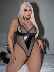 SHEIN Plus Size Sexy Mesh Bodysuit With PU Leather Contrast, One Piece - Black - View 8