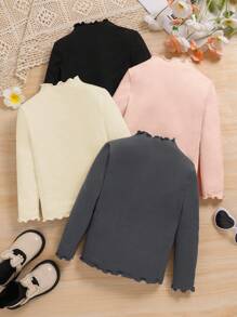 SHEIN 4件套青少年女孩休闲罗纹荷叶边下摆长袖修身T恤