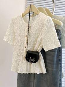 INAWLY Women's Solid Textured Single-Breasted Short Sleeve Fashionable Blouse - Apricot - View 1