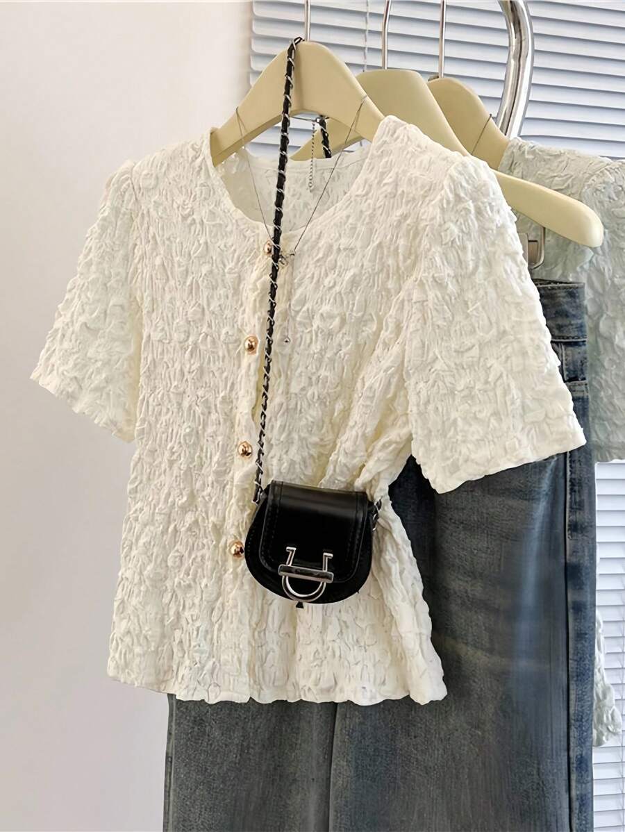 INAWLY Women's Solid Textured Single-Breasted Short Sleeve Fashionable Blouse - Apricot - View 1