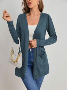 SHEIN LUNE Women's Solid Color Long Sleeve Cardigan Fall Winter Cloth For Women - Dusty Blue - View 3