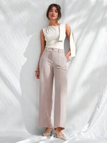 EURMUSE Women's Casual Commuting Solid High Waist Straight Leg Pants - Beige - View 5