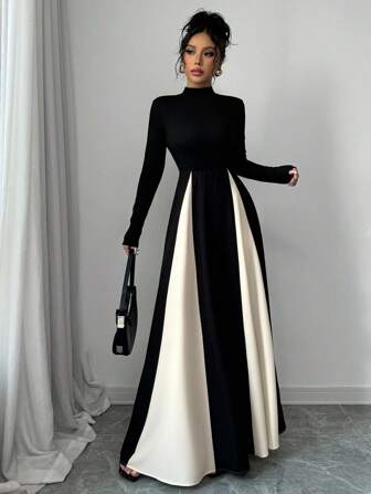 Rafferiza European And American Style Color Block Long Sleeve A-Line Flare Dress, Waist-Cinching Design For A Slimming Look, Autumn/Winter Maxi Women Outfit