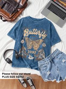 SHEIN EZwear Plus Size Acid Washed Look Vintage Knitted Distressed Loose Fit Knit Butterfly Cartoon Pattern Short Sleeve T-Shirt - Blue - View 6