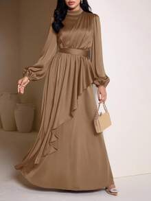 Veilorie 女士优雅纯色灯笼袖超长连衣裙 - 棕色 - 查看 4