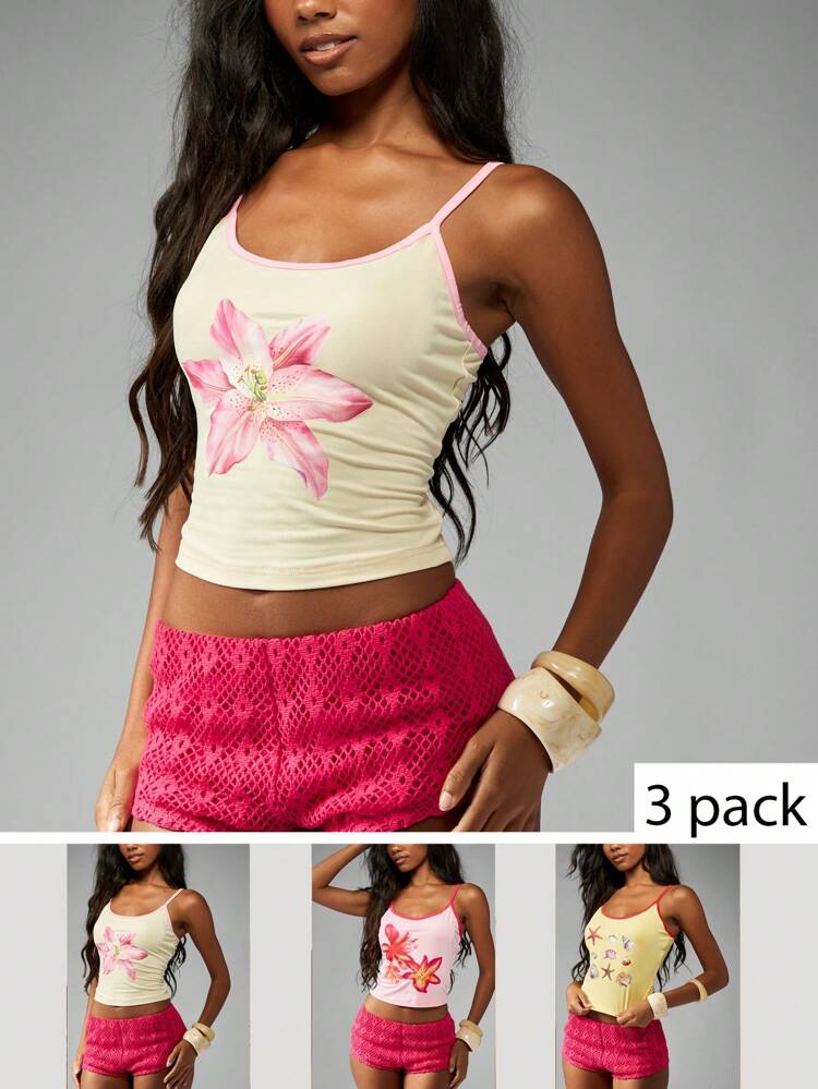 MISSGUIDED Floral Print Cami Tank Top Pack Summer Basic Layering Spaghetti Strap Crop Tops Vacation Beach Essential Multipack Festival Holiday Slim Fit