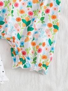 SHEIN Baby Girl 3 PiecesSummer Set: Playful Insect Printed Ruched Romper With Flutter Sleeves And Cuffs, Casual Everyday Outfit - Multicolor - View 6