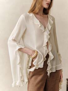 Chiquease 女士波西米亚风雪纺轻盈荷叶边不对称法式浪漫宽松长袖衬衫，白色上衣，夏季上衣，女士衬衫，女士夏季，飘逸上衣，职业女性，复古风格，女士夏季，可爱夏季上衣，女士外出上衣，女士办公室，飘逸上衣，秋季 - 杏色 - 查看 2
