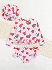 女童西瓜印花两件式泳衣，含泳帽，适合游泳和度假 - 彩色 - 查看 4