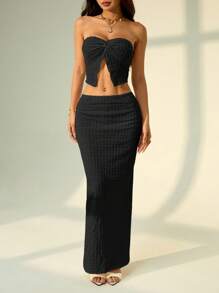 SHEIN PETITE 女士米色纹理针织抹胸短裤套装，春季服装，狂欢节服装，女士西部服装，女士沙滩装 - 黑色 - 查看 4