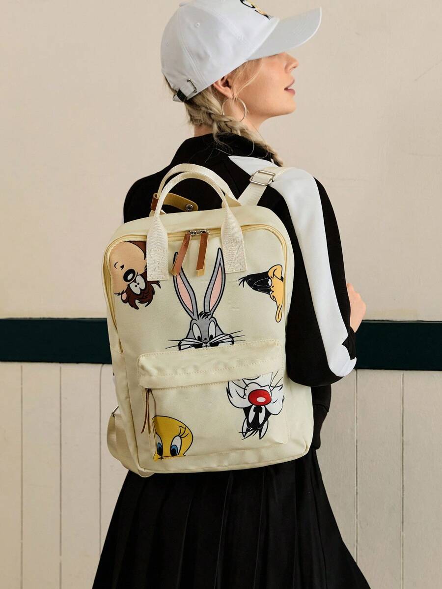 LOONEY TUNES X SHEIN 女士卡通图案大容量时尚背包 - 杏色 - 查看 1