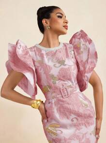 TIYA Elegant Jacquard Faux Pearl Neck Big Flared Sleeve Short Dress With Waist Belt Women Summer Party - Pink - View 5