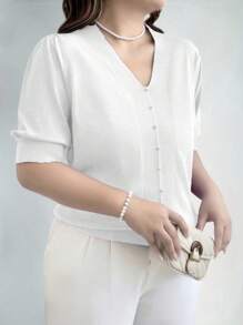 EMERY ROSE Suéter de punto de manga corta de unicolor informal de talla grande para otoño e invierno - Blanco - Ver 3