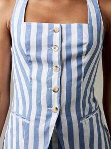 MISSGUIDED Conjunto de minifalda y chaleco de estilo rayado para verano, con cuello cuadrado, sin mangas, con botones frontales, ideal para usar en la playa, de vacaciones o en una fiesta junto al mar. - Multicolor - Ver 4