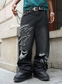 PAVTROS 美式街头时尚刺绣磨边黑色宽松阔腿牛仔裤，Emo风格