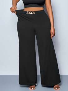 SHEIN PETITE Plus Size Women's Solid Color Belt Metal Buckle Detail Wide Leg Pants, Tall Pants, Four Seasons Style, Party, Concert, Commuting Daily Style, Music Festival, Romance, Valentine's Day, Vacation, Spring And Summer Loose Pants Fall Cloth For Women - Black - View 2